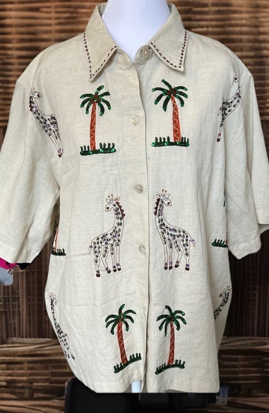 VTG Linen Hawaiian Shirt XL Safari Embroidered Giraffe Palm Sequins TEACHER 90s
